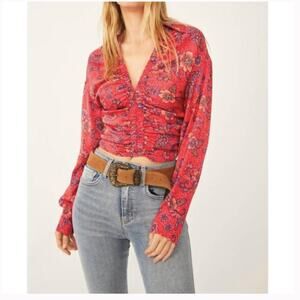Free People Got You Floral Print Pink Red V Neck Top XS